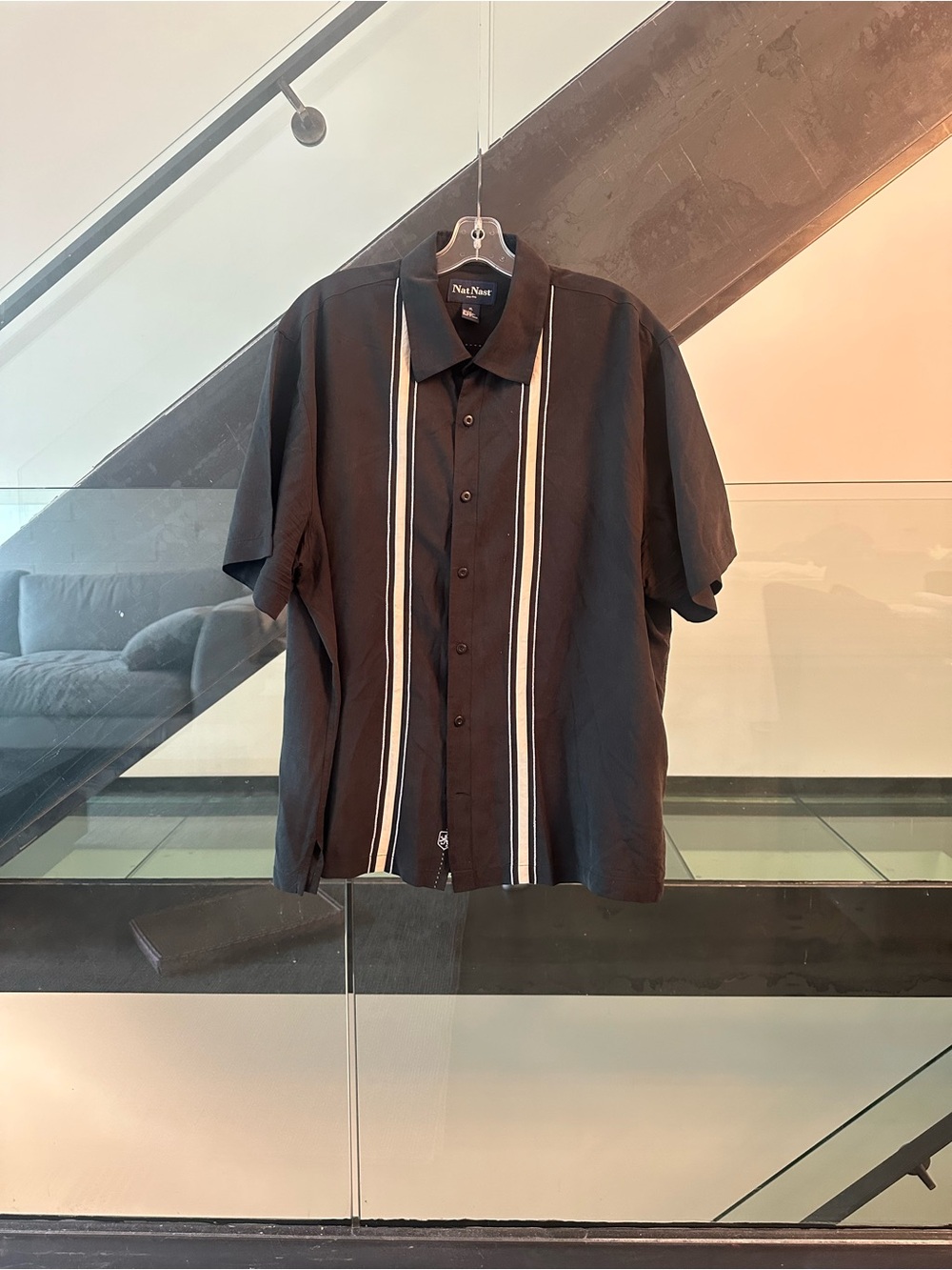 Nat Nast Silk Black Short-Sleeve Button-Down with Ivory Stripes